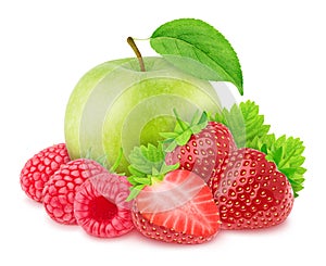 Composite image with apple, raspberry and strawberry isolated on a white background.