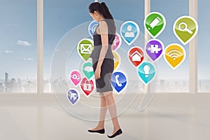 Composite image of asian businesswoman walking