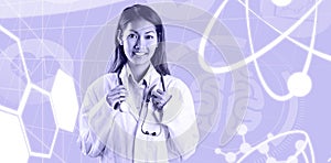 Composite image of asian doctor holding stethoscope