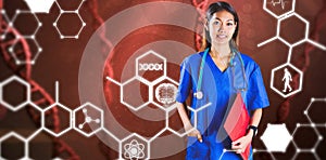Composite image of asian nurse with stethoscope looking at the camera