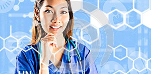 Composite image of asian nurse thinking with hand on chin