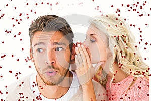 Composite image of attractive blonde whispering secret to boyfriend