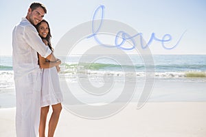 Composite image of attractive couple hugging and looking at camera