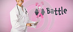 Composite image of battle text with female likeness and breast cancer awareness ribbon