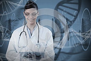 Composite image of beautiful female doctor using digital tablet