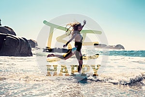 Composite image of beautiful smiling woman in white bikini skipping on the beach