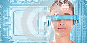 Composite image of beautiful young woman using virtual video glasses