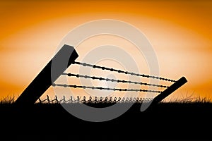 Composite image of bended barbed wire and chainlink fence against white background 3d