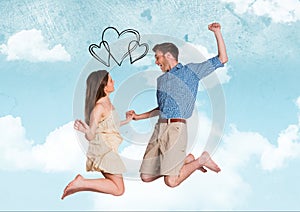 Composite image of black hearts and couple jumping with hearts against sky