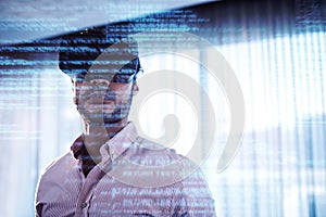 Composite image of blue and red technology interface