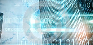 Composite image of blue technology design with binary code