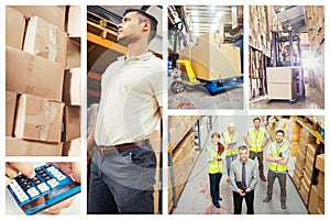 Composite image of boxes on trolley in warehouse