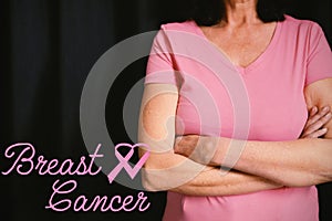 Composite image of breast cancer text with ribbon