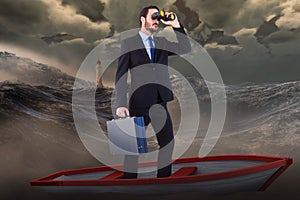 Composite image of businessman in boat with binoculars