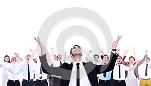 Composite image of businessman cheering with hands raised