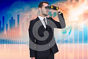 Composite image of businessman holding a briefcase while using binoculars