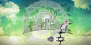 Composite image of businessman relaxing in swivel chair