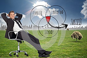 Composite image of businessman relaxing in swivel chair