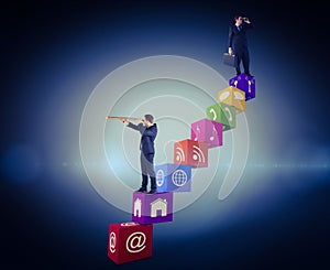 Composite image of businessman using binoculars while holding a briefcase