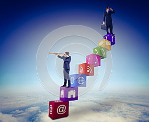 Composite image of businessman using binoculars while holding a briefcase