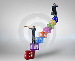 Composite image of businessman using binoculars while holding a briefcase