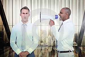 Composite image of businessman yelling with a megaphone at his colleague