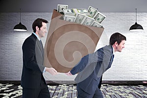 Composite image of businessmen carrying bag of dollars