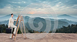 Composite image of businesswoman climbing career ladder with briefcase and looking at camera