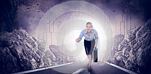 Composite image of businesswoman running and holding briefcase