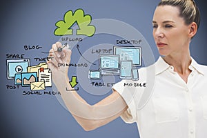 Composite image of businesswoman writing flowchart