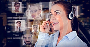 Composite image of call center agent looking upwards while talking