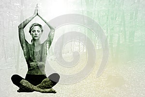 Composite image of calm blonde meditating in lotus pose with arms raised