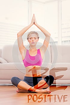 A Composite image of calm blonde meditating in lotus pose with arms raised