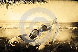 Composite image of calm couple napping in a hammock