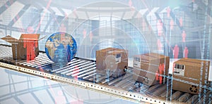 Composite image of cardboard boxes and globe on conveyor belt