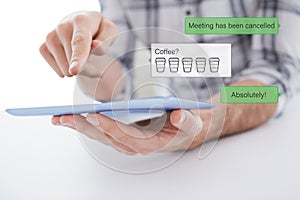 Composite image of casual man using tablet pc