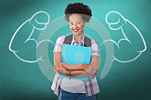 Composite image of casual young woman with folder in office