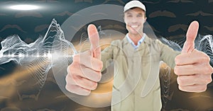 Composite image of caucasian delivery man against digital wave on grey background with copy space