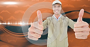 Composite image of caucasian delivery man against digital wave on orange background with copy space