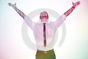 Composite image of cheering businessman with his arms raised up