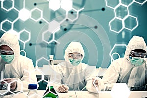 Composite image of chemists working in protective suit with futuristic interface showing dna diagram