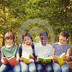 Composite image of children reading books at park