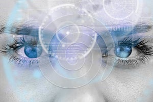 Composite image of close up of female blue eyes