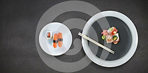 Composite image of close up of food with chopstick in plate