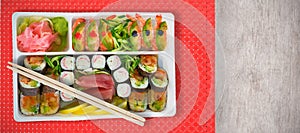 Composite image of close up of fresh japanese food platter