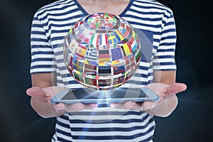 Composite image of close up of man holding tablet