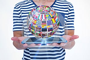 Composite image of close up of man holding tablet