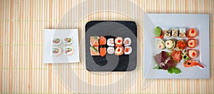 Composite image of close up of seafood and sushi served in plate