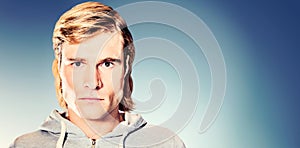 Composite image of close up of serious man staring at camera