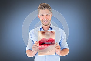 Composite image of close up of woman biting red lips